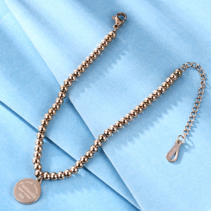 Rose <b>Gold</b> <b>Beaded</b> <b>Bracelet</b> 4Mm Round Ball Chain With Circle Pendant Unisex Jewelry Gift - Product Image 4