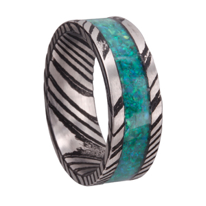 Bague en acier de Damas plaqué noir avec incrustation de bois et d'<span class=keywords><strong>opale</strong></span> concassée, alliance unique pour homme, bijoux de mariage faits à la main - Product Image 3