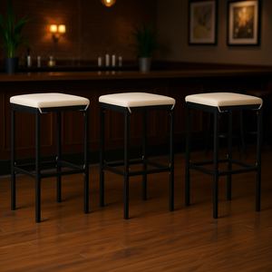 Ensemble de 3 tabourets de bar, cadre en métal blanc crème et noir, rotin tressé, mobilier de bar contemporain et moderne, usage commercial - Product Image 2