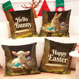 Coussins décoratifs « Hello Bunny Happy Easter » avec des lapins et des agneaux, des œufs colorés dans un décor festif de vacances - Product Image 1