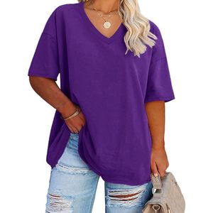 Fisoew T-shirt col en V grande taille pour femme, tunique décontractée à manches mi-longues en coton, coupe ample, tissu jersey respirant pour l'été - Product Image 1