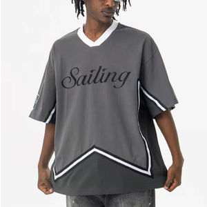 T-shirt en tricot à col en V surdimensionné, décontracté, 100% coton, respirant, impression sérigraphique, blocage de couleur, 220 grammes, design vierge, personnalisable - Product Image 3