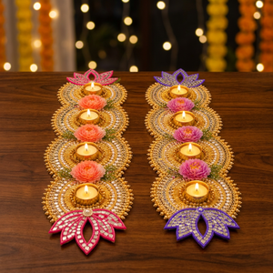 Traditional Metal Floral <b>Candle</b> Holder Set With Beaded Design For Diwali Indoor Tabletop Home Decor Living Room Use - Product Image 3