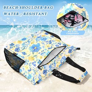 Wholesale Custom Printed Blue Floral <b>Beach</b> <b>Bag</b> Waterproof Sandproof of Large Tote Zipper with Matching Pouch for <b>Women</b> Travel - Product Image 6