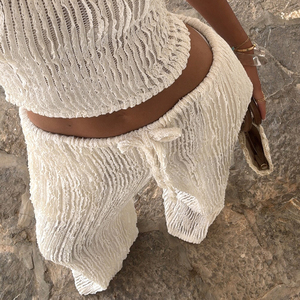 Vacation Style Textured Lace Spliced Sheer Knit Pants Lazy Casual Beach Wide Leg Long Trousers - Product Image 4