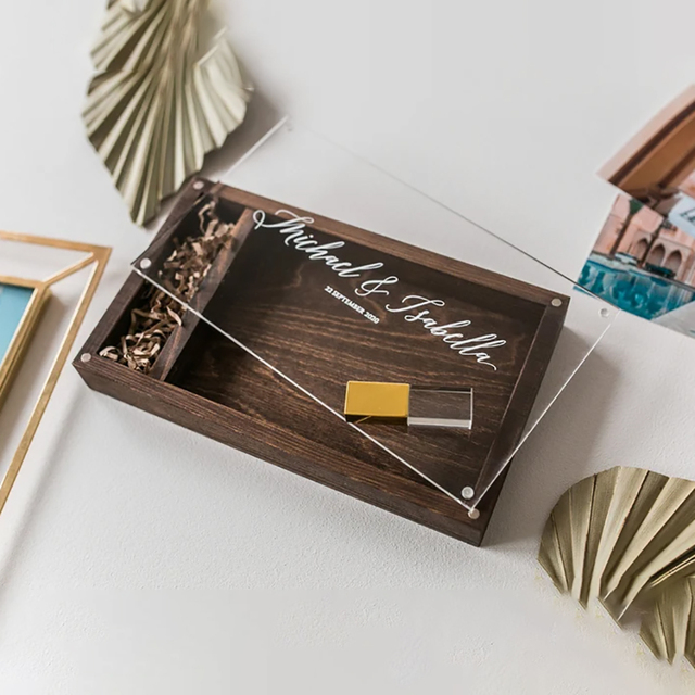 Transparent Magnetic Lid Compartment Two Solid Pine Crafts Usb Memory Photo Packaging Gift Wooden Box
