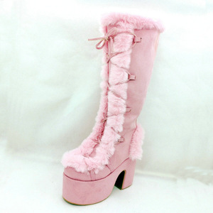 Bottes en daim pour femmes, <span class=keywords><strong>taille</strong></span> <span class=keywords><strong>grande</strong></span>, style western, à lacets, hauteur genou, plateforme, talon épais, fourrure synthétique, <span class=keywords><strong>large</strong></span> <span class=keywords><strong>mollet</strong></span> - Product Image 5