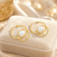 Boucles d'oreilles créoles entrelacées en perles, dorées, double cercle, fermoir articulé, pour femme, bijoux minimalistes quotidiens