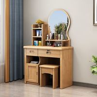 Commode coiffeuse en bois de chêne massif au design moderne et épuré, avec rangement, panneau en bois et miroir éclairé, durable pour chambre et hôtel