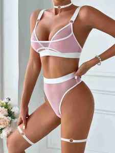 Ensemble de lingerie sexy en maille ajourée avec soutien-gorge, culotte taille haute, collerette et anneaux de jambe – Ensemble quatre pièces pour femme - Product Image 4