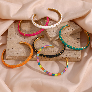 Vente en gros, bijoux en émail coloré pour femmes, bracelet à <span class=keywords><strong>manchette</strong></span> fine, bracelets en <span class=keywords><strong>or</strong></span> <span class=keywords><strong>18</strong></span> <span class=keywords><strong>carats</strong></span>, bracelets en acier inoxydable, bijoux - Product Image 2