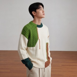 Pull classique à col rond et blocs de couleur pour homme, sweat-shirt pour homme avec logo sur le devant, pull en tricot pour homme - Product Image 5