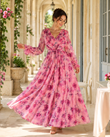 Robe personnalisée pour femme, vêtements sur mesure, robe longue à fleurs roses, col en V profond, manches longues, robe de soirée d'été, robes maxi pour femmes