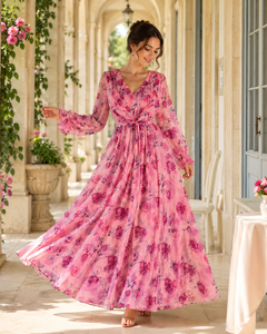 <span class=keywords><strong>Abito</strong></span> da Donna Personalizzato, Abbigliamento su Misura, Vestito Lungo Estivo Rosa Floreale con Scollo a V Profondo e <span class=keywords><strong>Maniche</strong></span> <span class=keywords><strong>Lunghe</strong></span> per Feste - Product Image 2