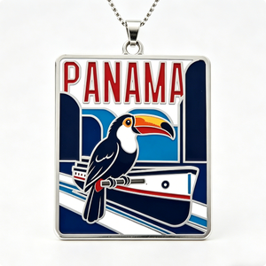 Collier pendentif émaillé Panama Toucan Canal du Panama - Plaqué argent, souvenir de voyage d'Amérique centrale, Fête des Pères, Remise de diplôme - Product Image 1