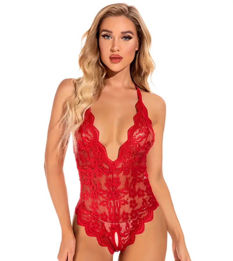 2024 Hot Sale V-Neck See Through Lingerie Floral Lace Babydoll Sexy Lingerie for Women One Piece Bodysuit