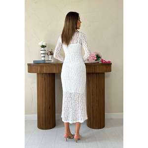 Robe fourreau élégante en dentelle blanche, col montant, manches longues, taille naturelle, tenue de soirée - Product Image 1