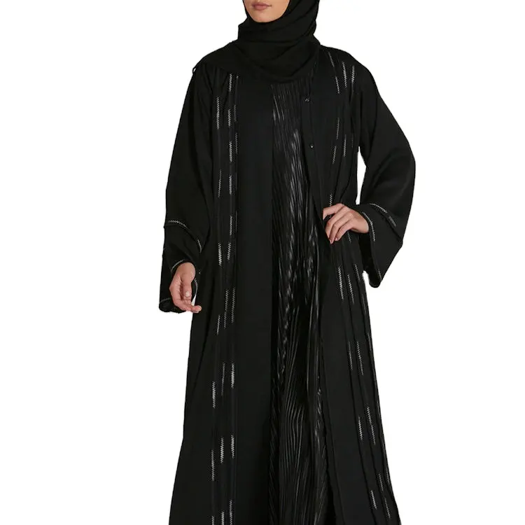 Vestido muçulmano aberta abaya com roupa interior, roupa de cetim islâmica sólida e luxuosa preta, vestido feminino de alta qualidade, roupa modesta e modesta