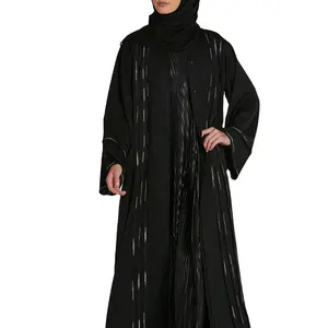 Modest Wear Muslim Dress Open Abaya With Inner Dress Satin Solid Islamic Luxury Black Clothing Women Dress With High Quality