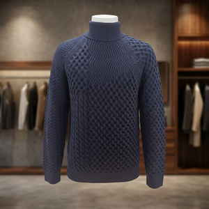 Men's Navy Blue Turtleneck <b>Knitted</b> <b>Sweater</b> Geometric Pattern Full Sleeve Thick Winter Pullover - Product Image 3