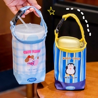 Sac de transport pour bouteille, design mignon, housse de tasse portable à motif de dessin animé, anti-chute, motif animalier à carreaux, support de tasse d'eau à emporter