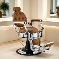 Fauteuil de coiffure rétro de luxe avec panneaux latéraux sculptés, appui-tête réglable, mobilier de toilettage professionnel.