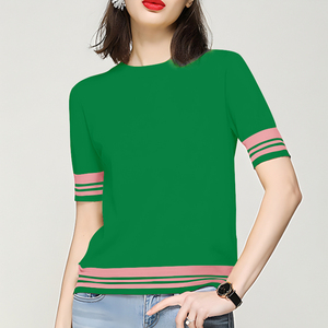 Maglione Pullover Casual in maglia da <span class=keywords><strong>donna</strong></span> con scollo a a righe rosa e verde per l'estate - Product Image 1