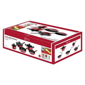 Juego de ollas y sartenes antiadherentes de aluminio de 8 piezas, estilo cocina mediterránea, rojo y negro, con tapas, para cocinas de gas, eléctricas e inducción. - Product Image 2