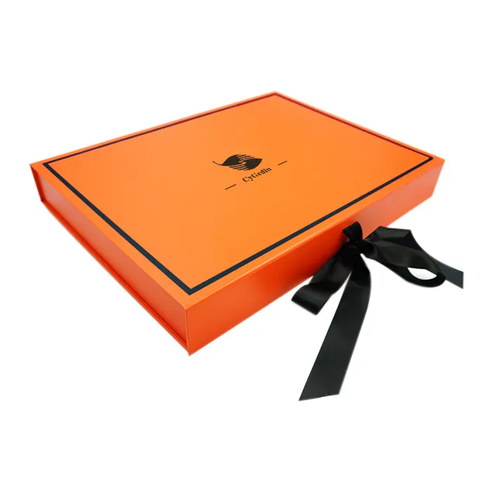 Kotak Kemasan Hadiah Pakaian Olahraga Kustom Kotak Lipat Oranye Berkualitas Tinggi untuk Pakaian Olahraga dengan Pita