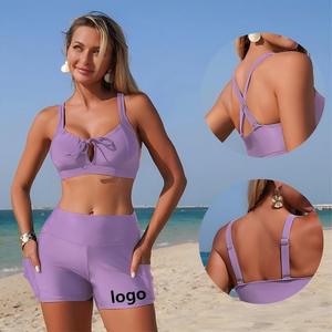 Maillots de bain deux pièces pour femmes sur mesure OEM, 4 couleurs, vêtements de plage pour femmes, short de bain avec poche, maillots de bain - Product Image 1