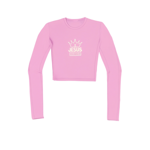 Camiseta Corta Rosa de Manga Larga para Mujer con Estampado de Corona 'Jesus Is My King', Estilo Y2K, Cuello Redondo, Tejido de Punto, Spandex y Poliéster - Product Image 1