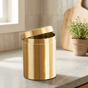 Minimalist Round Metal Food Container With <b>Lid</b> Polished Gold Finish 1 Layer Storage <b>Bin</b> - Product Image 3