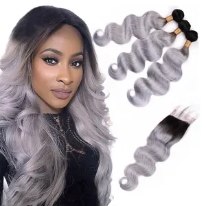 hot selling 12A grade Brazilian virgin human hair extension 1b grey ombre color body wave hair bundles with 4x4 lace closure