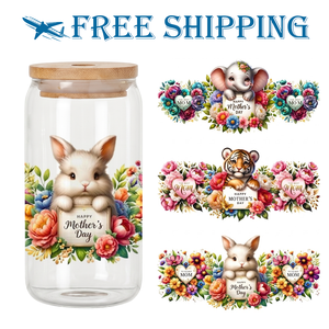 Adhesivo floral de conejito para vasos de 16 oz, diseño floral de conejito, Feliz Día de la Madre, UV DTF, transferencia en frío - Product Image 1
