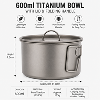 Marmite de cuisson légère en titane pur de 600 ml avec couvercle - Bol de camping portable avec poignée pliable - Usine OEM/ODM