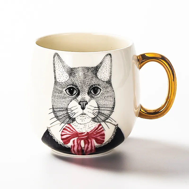 Tivray OEM Sublimation Mug Supplier Cat Animals Creative Decal Printing Mug Shiny Porcelain Coffee Cup With Golden Handle