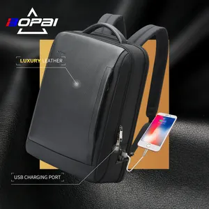 Bopai logotipo personalizado couro genuíno viagens business office usb carregamento multifuncional 15.6 polegada laptop homens notebook mochila