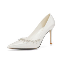 Escarpins de mariée à talon aiguille en satin ivoire avec perles et strass, bout pointu, à enfiler, pour femmes grandes tailles 33-43