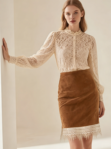 Falda lápiz de punto tipo gamuza color caramelo para mujer, transpirable, retro, hasta la rodilla, informal, elegante, para otoño - Product Image 2