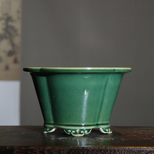 Maceta de cerámica para bonsái, con esmalte verde craquelado, forma hexagonal, con tres patas, para decoración de interiores. - Product Image 1
