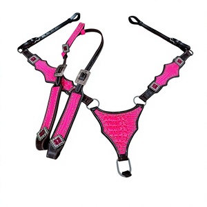 Harnais de selle en cuir rose vif style gladiateur western avec collier de poitrine et têtière pour cheval, durable, prêt à être expédié - Product Image 1