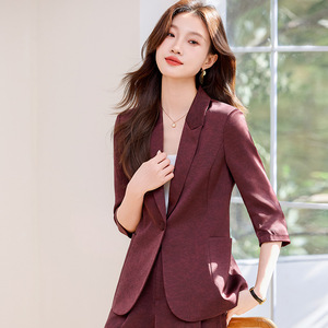 Women's Black Suit Set Summer Thin Style Three Quarter Sleeve Satin Professional Attire Breathable Elegant - Product Image 5