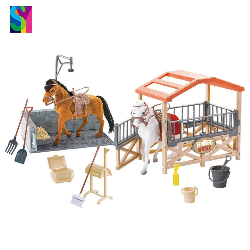 SY mainan pertanian hewan rumah kuda simulasi stabil, Set mainan peternakan kuda kuda realistis stabil