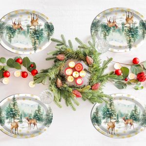 50 Assiettes <span class=keywords><strong>en</strong></span> papier ovales de Noël à motif de rennes de dessin animé, 11 pouces, vaisselle jetable avec design d'arbres et de flocons de neige - Product Image 6