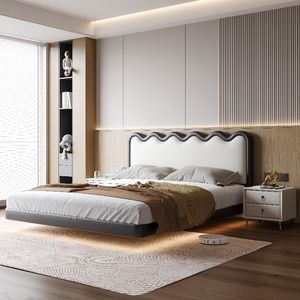 Yisi – Lit rembourré en cuir crème à <span class=keywords><strong>dossier</strong></span> souple, style moderne et épuré, en <span class=keywords><strong>bois</strong></span> massif, vente en gros d'usine, haut de gamme - Product Image 2