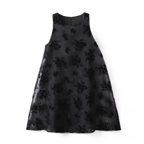 4820 Wholesale Fashionable Floral Round Neck a Line Elegant Causal Black Women'S Short Dress