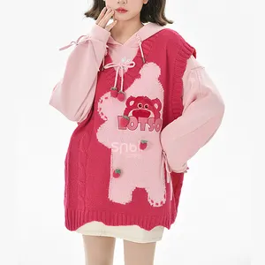 2024 봄 새로운 도착 소녀 V-넥 조끼 특대 자카드 만화 곰 대형 풀오버 스웨터
