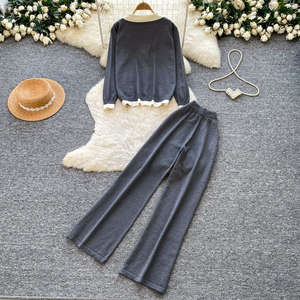 Conjunto de 2 Piezas de Punto para Mujer, Top de Manga Larga con Cuello Polo y Pantalones Anchos, Ropa Casual para Primavera y Otoño - Product Image 4