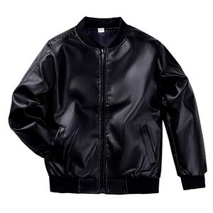 Chaqueta Bomber de Cuero PU Negra con Cierre de Cremallera, Cuello Alto, Resistente al Viento, Corte Regular, Color Sólido, para Otoño - Product Image 1