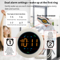 Réveil vibrant LED rond pour chevet, double alarme, lecteur de musique, minuteur de sommeil, sonneries personnalisées, alarme hebdomadaire